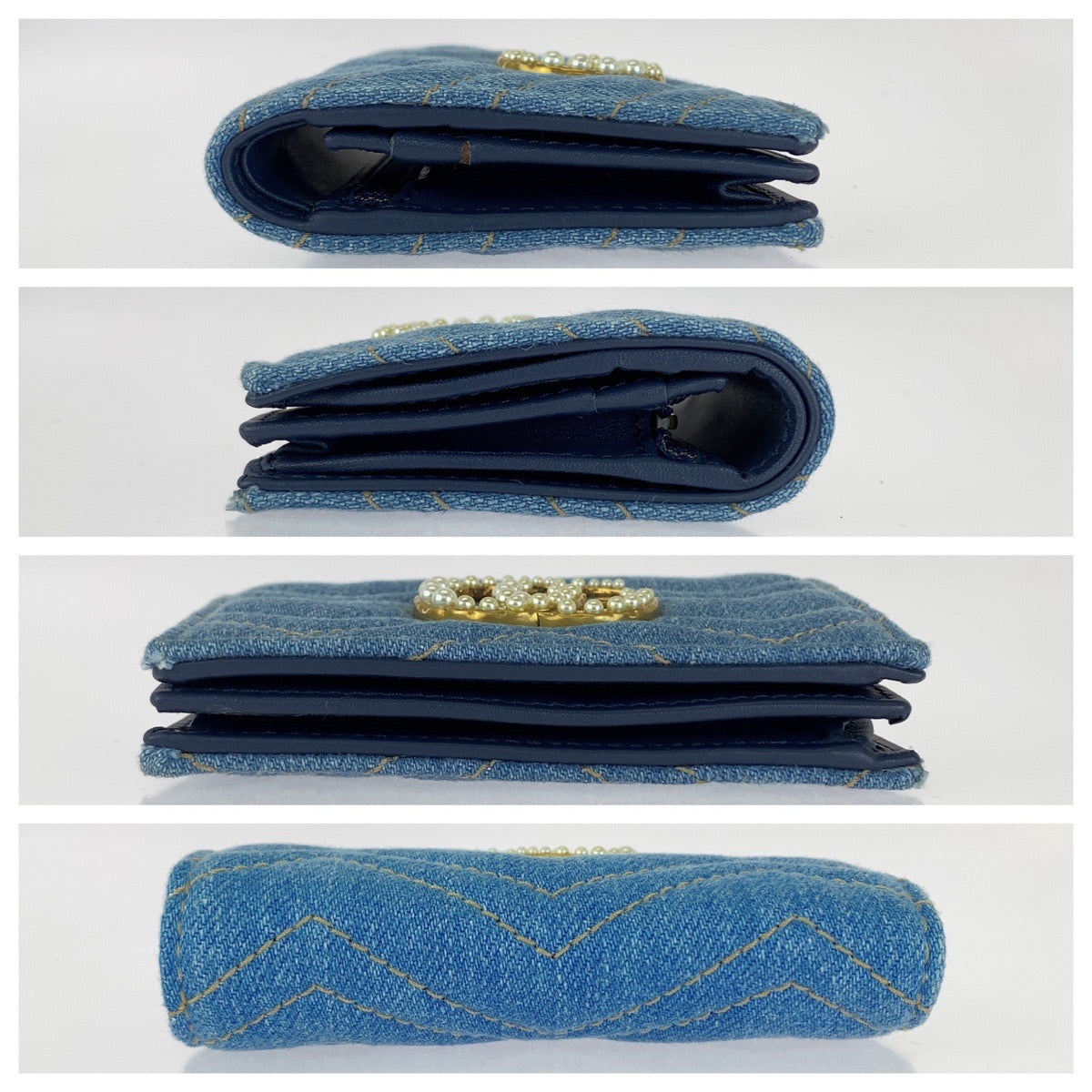 GUCCI グッチ GGマーモント フェイクパール ブルー ゴールド金具 デニム 466492 折財布 コンパクトウォレット レディース A54