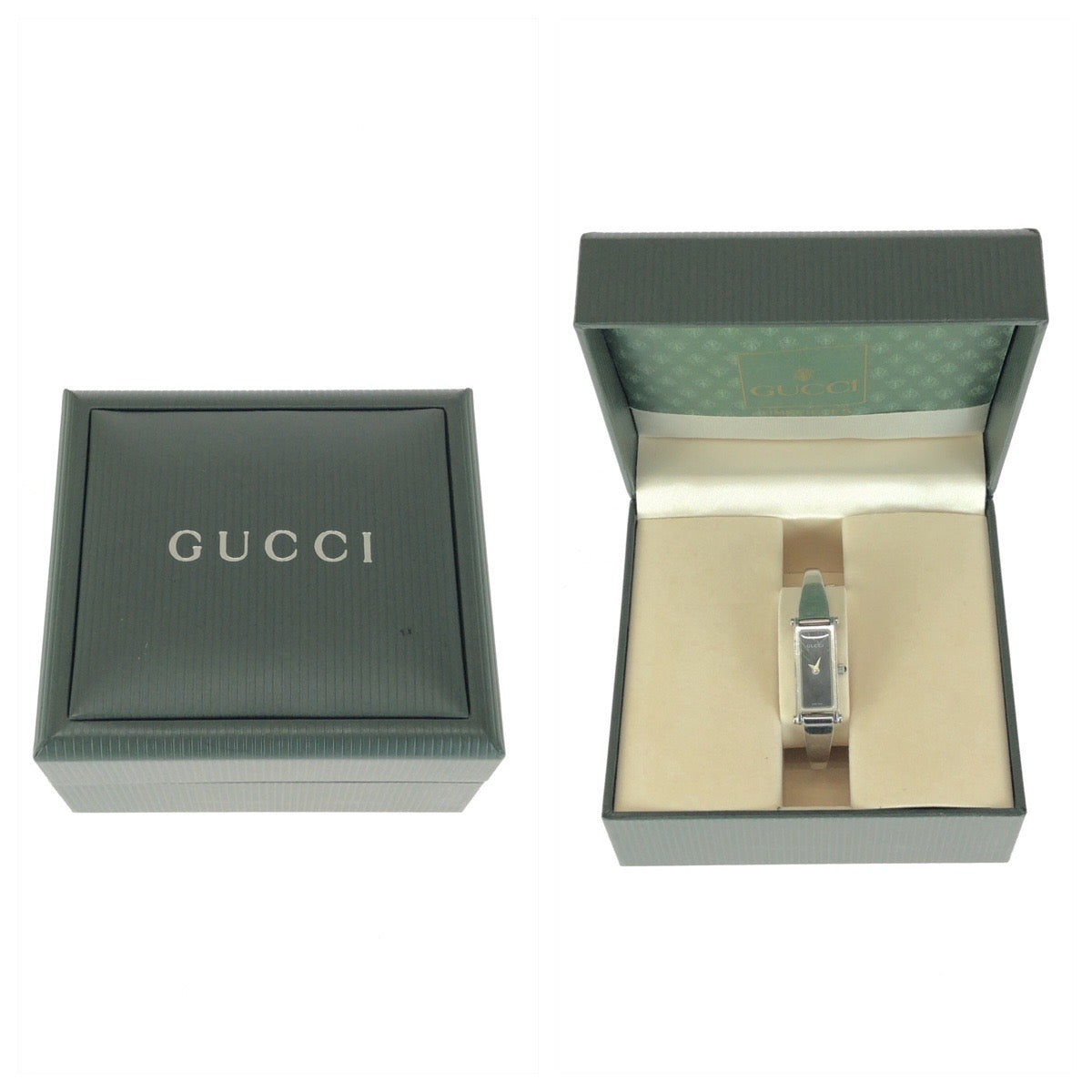 GUCCI グッチ 1500L バングルウォッチ ブラック 黒 シルバー金具 ステンレススチール YA015555 腕時計 S刻印 クオーツ ブラック文字盤 レディース AB20