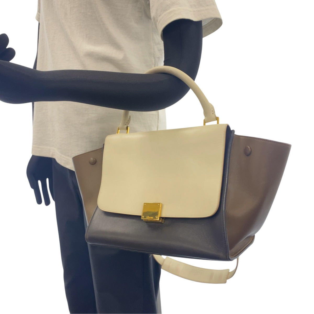 CELINE セリーヌ トラペーズ ブラウン ホワイト レザー ハンドバッグ 2WAY ショルダーバッグ レディース B37