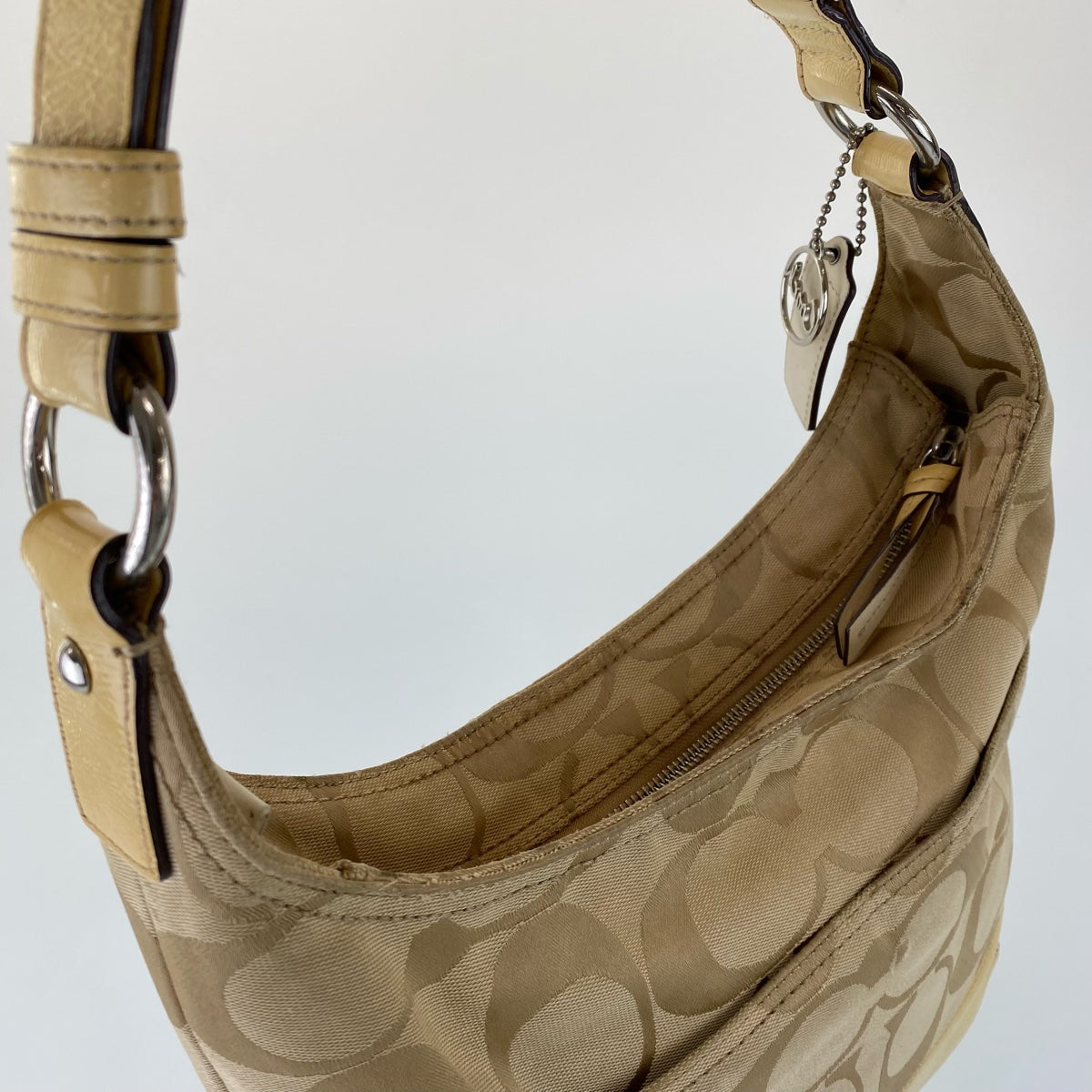 12761
COACH Signature Adjustable Crossbody Beige Canvas/Patent Leather D1171-F17490 Hobo Shoulder Bag for Women