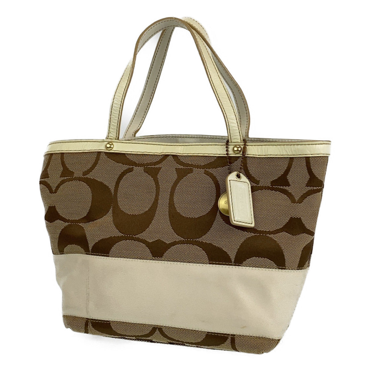 12709
COACH Signature Beige White Gold Hardware Leather/Canvas B0767-10123 Tote Bag Handbag Women's