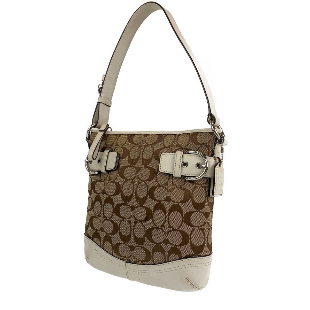 12705
COACH コーチ シグネチャー ブラウン ベージュ ホワイト レザー ショルダーバッグ レディース