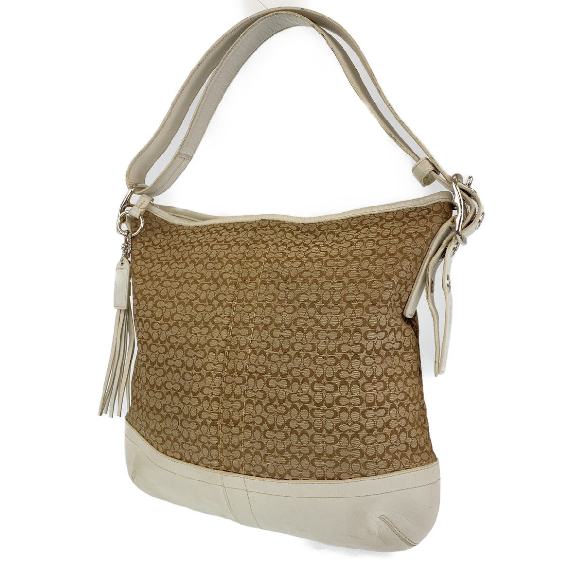 12704
COACH コーチ シグネチャー ベージュ ホワイト 白 シルバー金具 レザー / キャンバス ショルダーバッグ 斜め掛け可能 レディース AB5