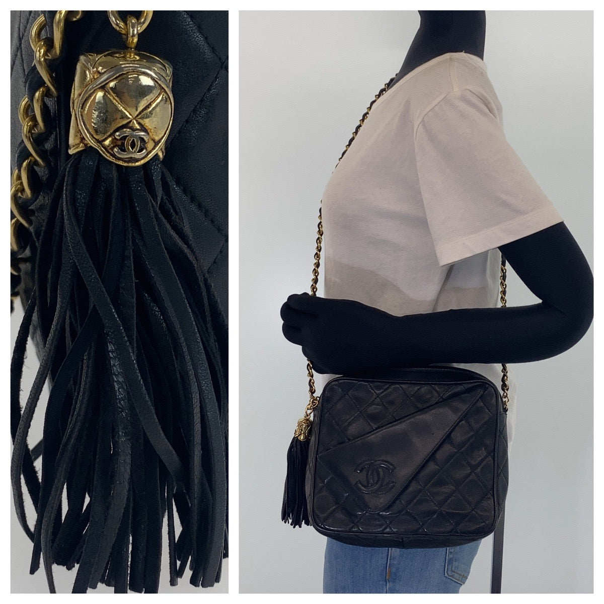 10039
CHANEL Chanel Matelasse Coco Mark Fringe Black Gold Hardware Lambskin Crossbody Chain Shoulder Bag for Women