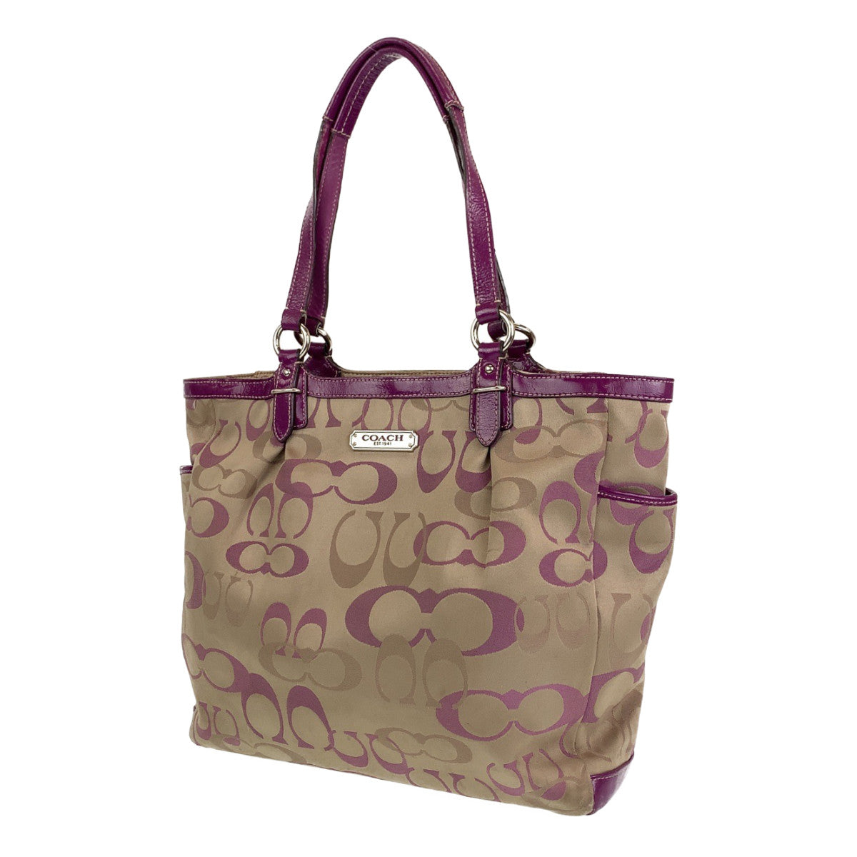 COACH コーチ シグネチャー ベージュ パープル 紫 シルバー金具 レザー トートバッグ ショルダーバッグ レディース