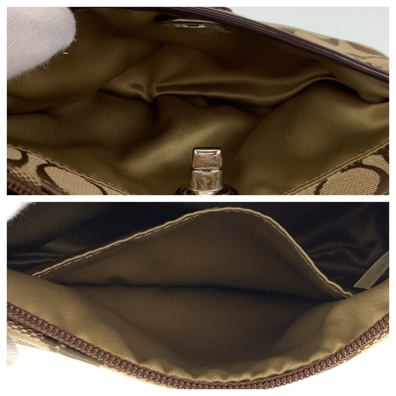 12695
COACH コーチ シグネチャー ベージュ シルバー金具 キャンバス / レザー クラッチバッグ アクセサリーポーチ メイクポーチ レディース ABP5