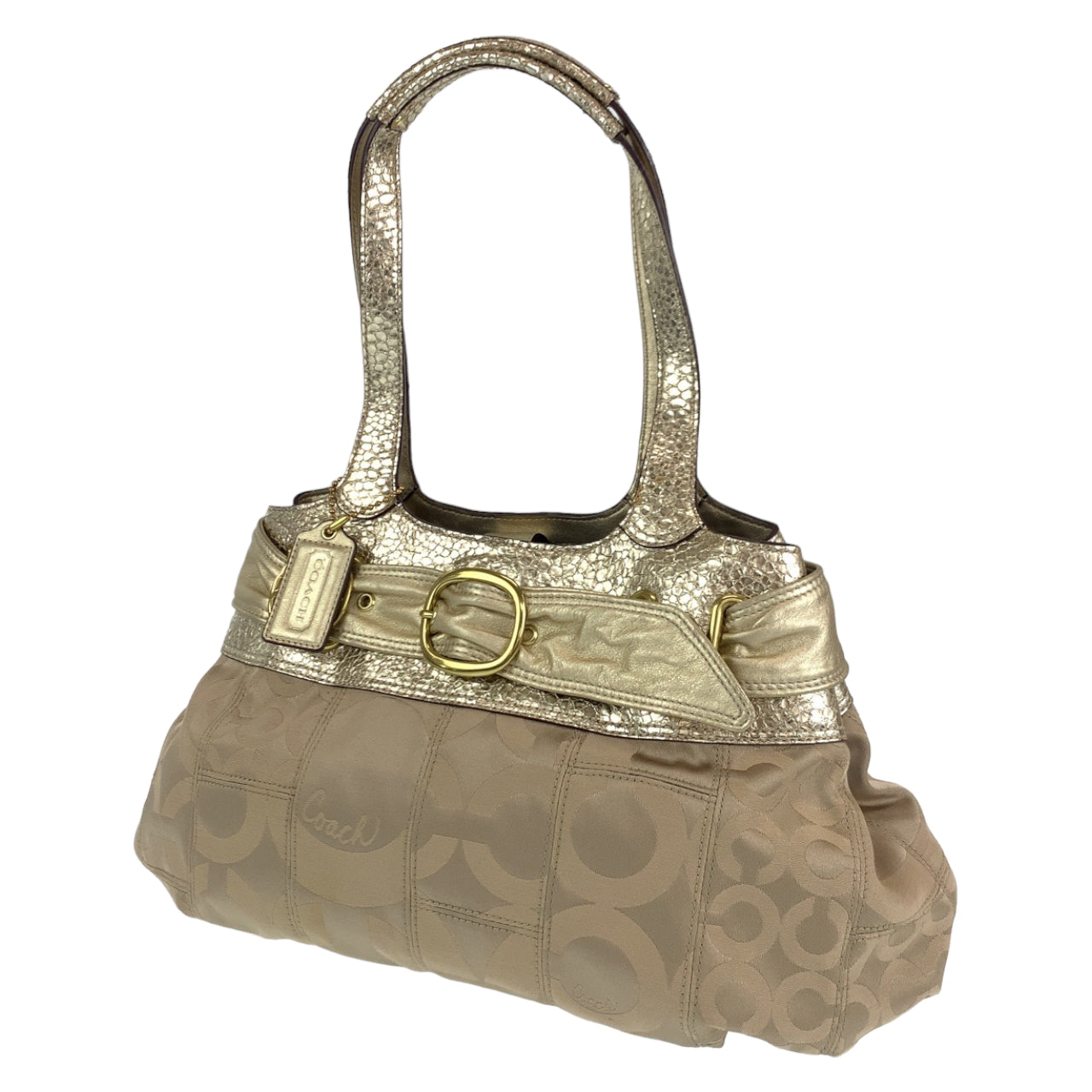 12694
COACH コーチ オプアート ベージュ ゴールド金具 レザー / キャンバス トートバッグ ショルダーバッグ レディース