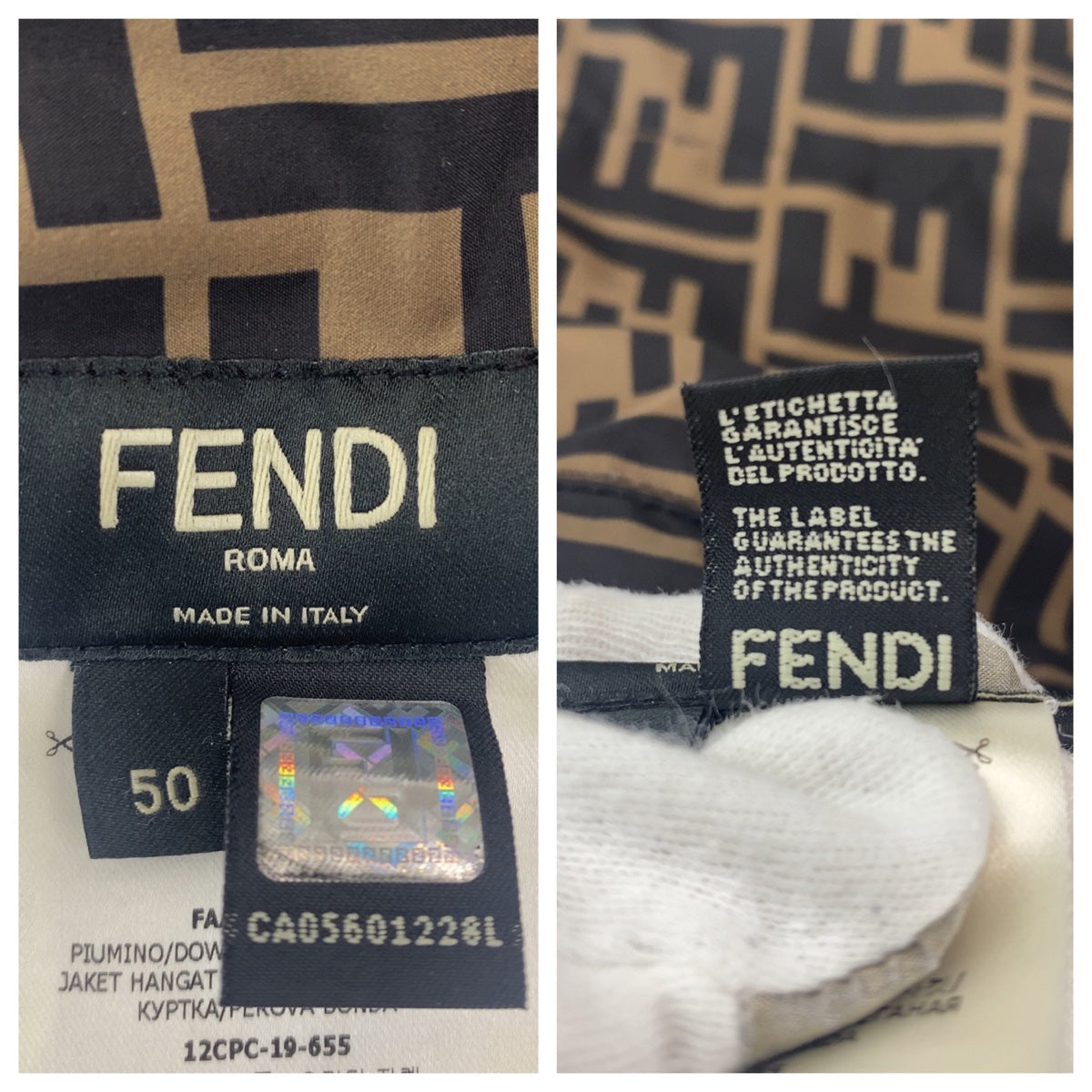 17953
FENDI フェンディ ズッカ柄 ペカン柄 サイズ50 リバーシブル カーキ ブラック 黒 ポリエステル FAA582 A790 ダウンジャケット パファージャケット メンズ AB190