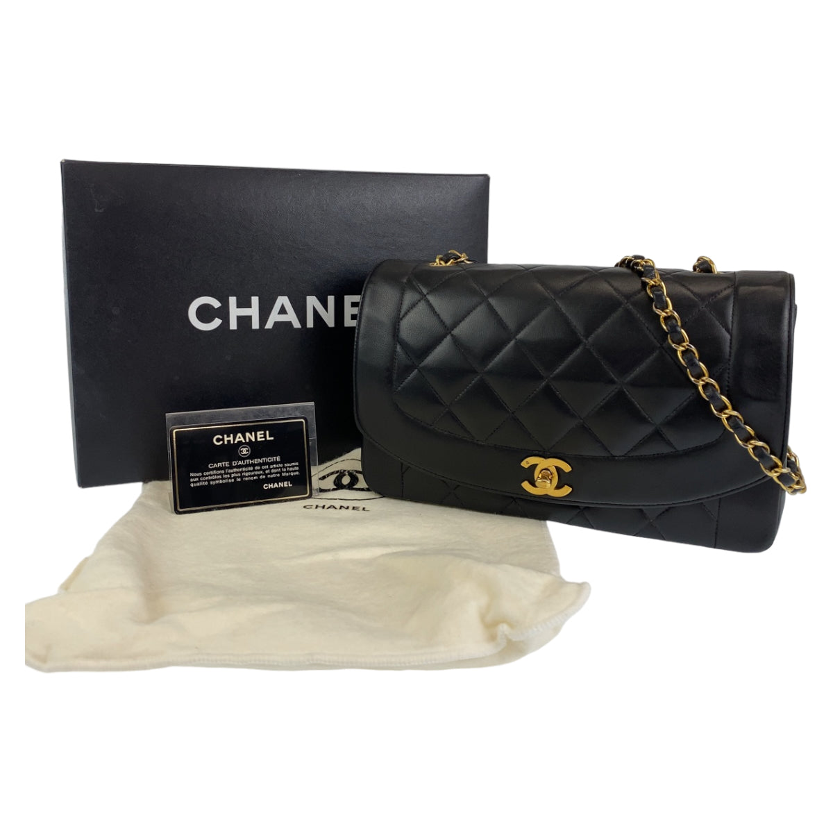 10146
CHANEL シャネル ヴィンテージ マトラッセ ダイアナ ブラック ゴールド金具 ラムスキン ショルダーバッグ ポシェット レディース