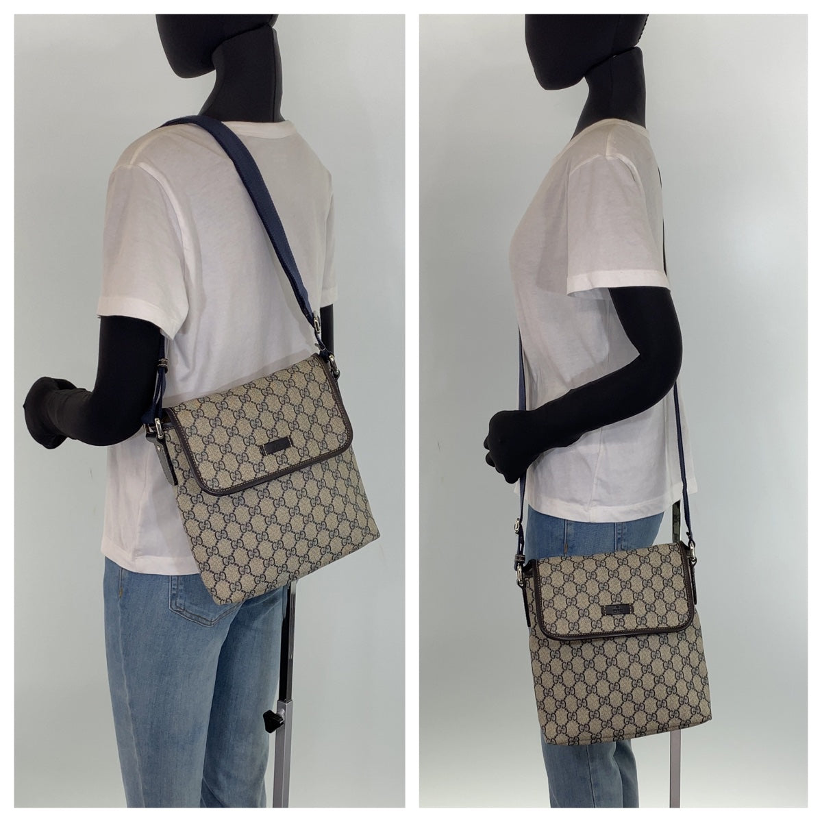 H-00383
GUCCI グッチ GGスプリーム 男女兼用 ネイビー 紺 ブラウン シルバー金具 PVC 22366 斜め掛け ショルダーバッグ メッセンジャーバッグ メンズ