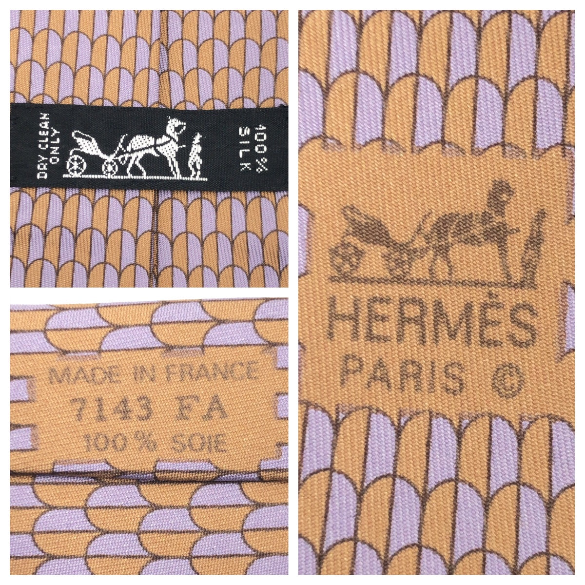 12621
HERMES エルメス バイカラー 総柄 パープル ベージュ シルク 7143 FA ネクタイ 剣先9cm メンズ ABP5