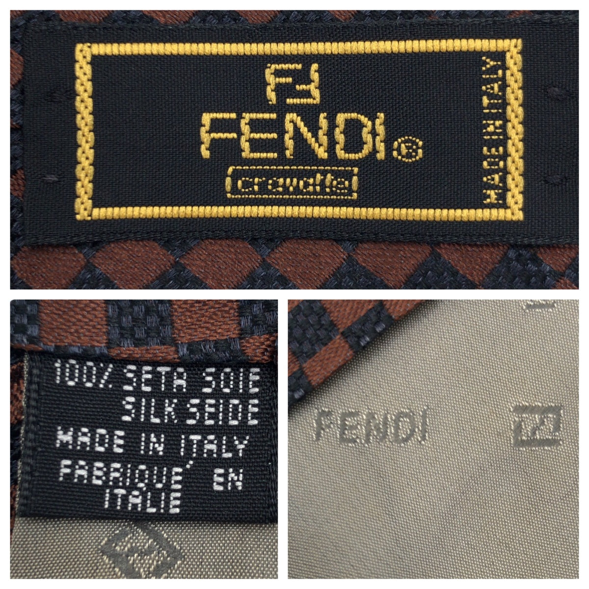 12618
FENDI フェンディ ペカン柄 ダークブラウン ブラウン バイカラー シルク ネクタイ 剣先10cm メンズ
