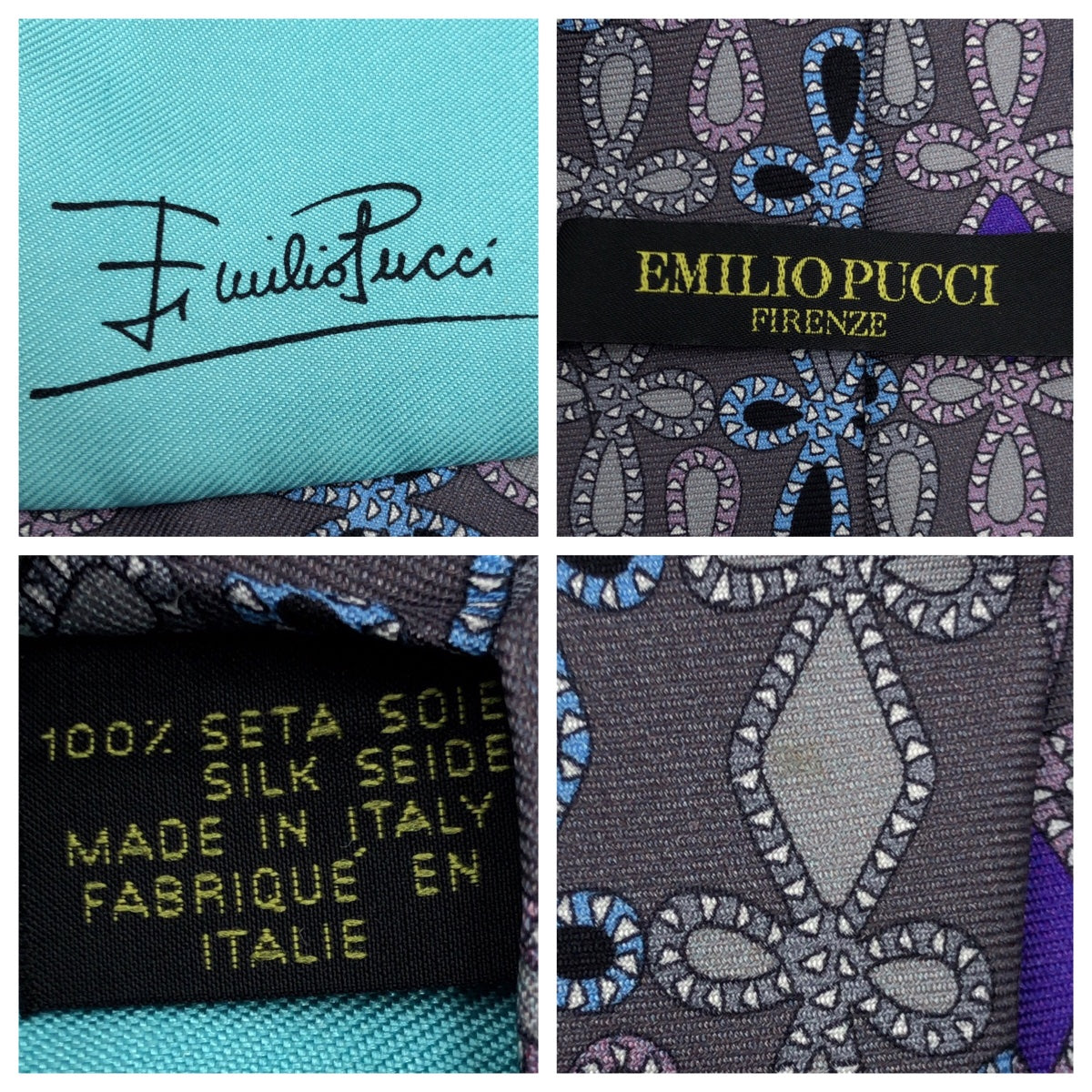 12614
Emilio Pucci All-over Pattern Grey Purple Light Blue Silk Tie with 9.5cm Tip