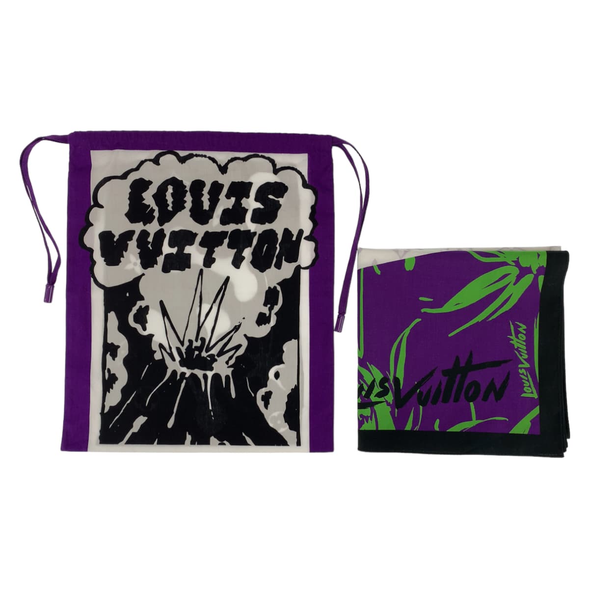 10413
LOUIS VUITTON ルイヴィトン モノグラム リーフ柄 パープル ホワイト グリーン コットン スカーフ ストール バンダナ メンズ