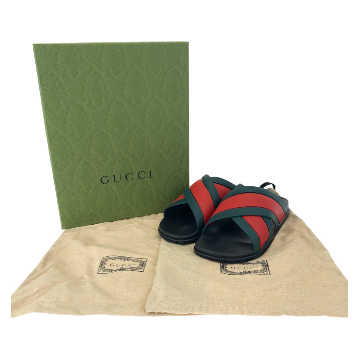 GUCCI グッチ シェリーライン クロスラバー サイズ10 ブラック 黒 グリーン 緑 レッド 赤 ビニール 63026 サンダル ビーチサンダル メンズ