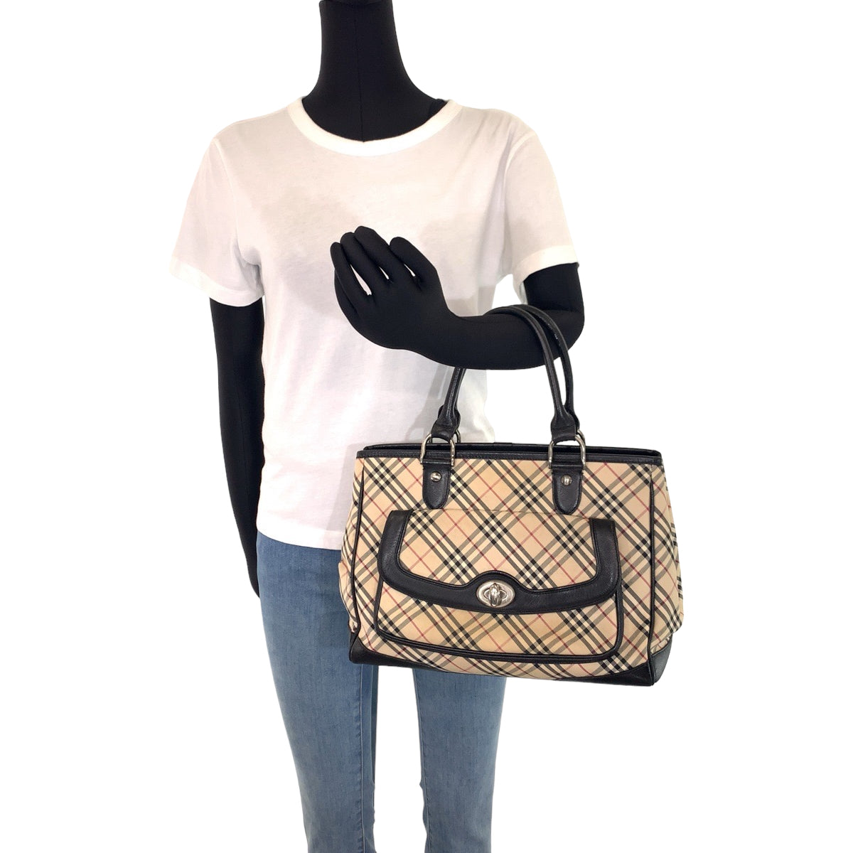 BURBERRY バーバリー ノバチェック ベージュ ブラック 黒 シルバー金具 キャンバス ハンドバッグ トートバッグ レディース