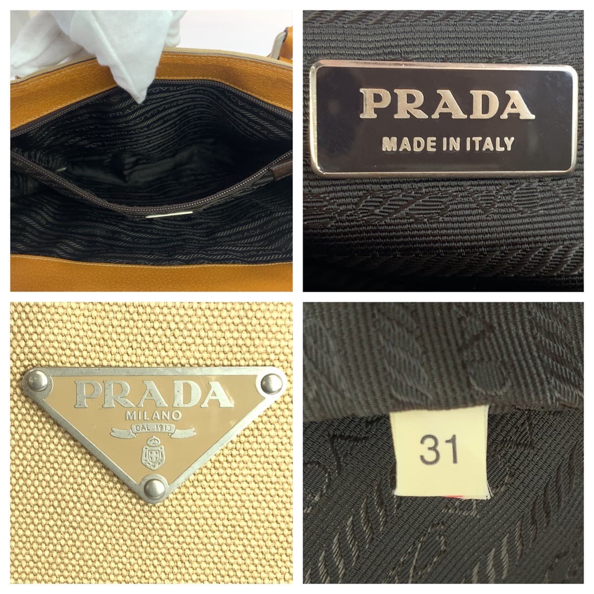 10611
PRADA プラダ 三角ロゴプレート 男女兼用 ベージュ キャメル シルバー金具 キャンバス / レザー トートバッグ ハンドバッグ メンズ