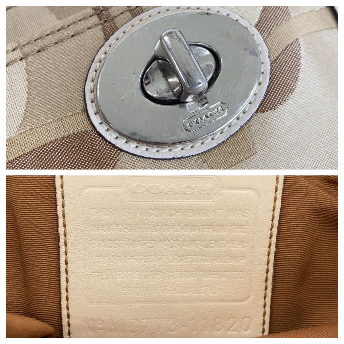 12526
COACH コーチ シグネチャー スカーフ付き ベージュ ホワイト シルバー金具 キャンバス / レザー トートバッグ ショルダーバッグ ハンドバッグ レディース
