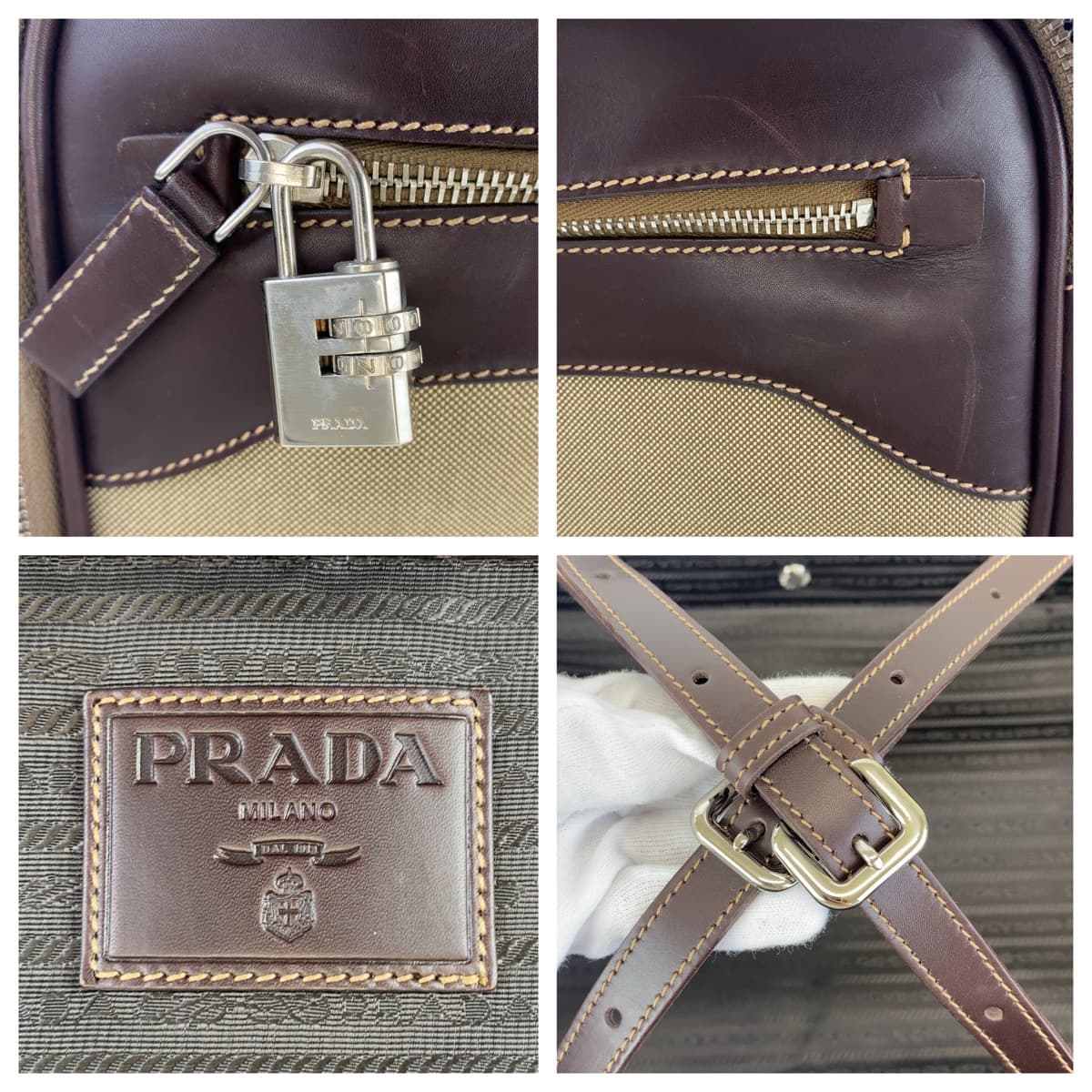 10662
PRADA プラダ ロゴジャガード ベージュ ブラウン 茶 シルバー金具 キャンバス / レザー スーツケース キャリーバッグ キャリーケース レディース