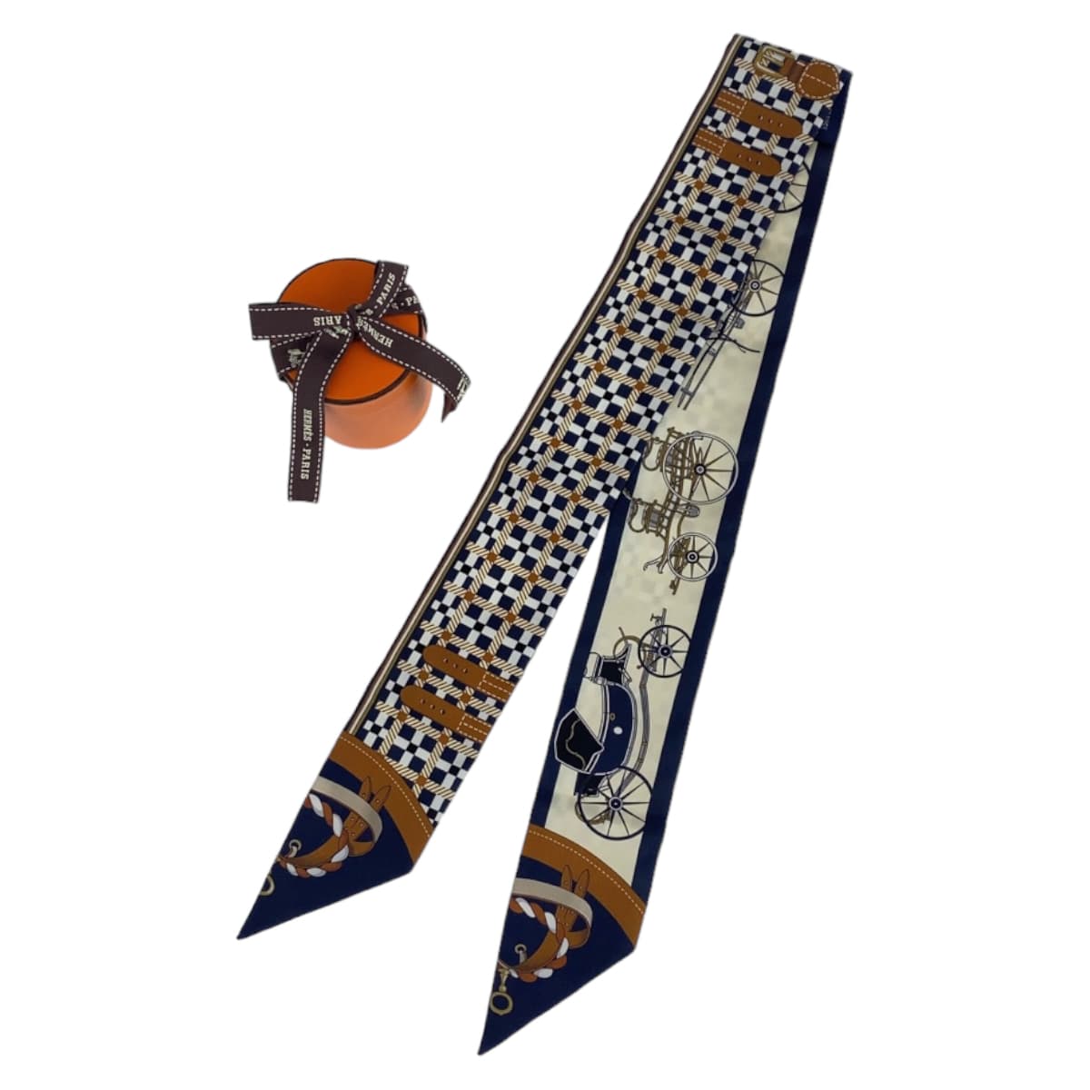 HERMES エルメス ツイリー LES VOITURES NOUVELLE ネイビー 紺 ホワイト マルチカラー シルク スカーフ ハンドル巻き リボン レディース