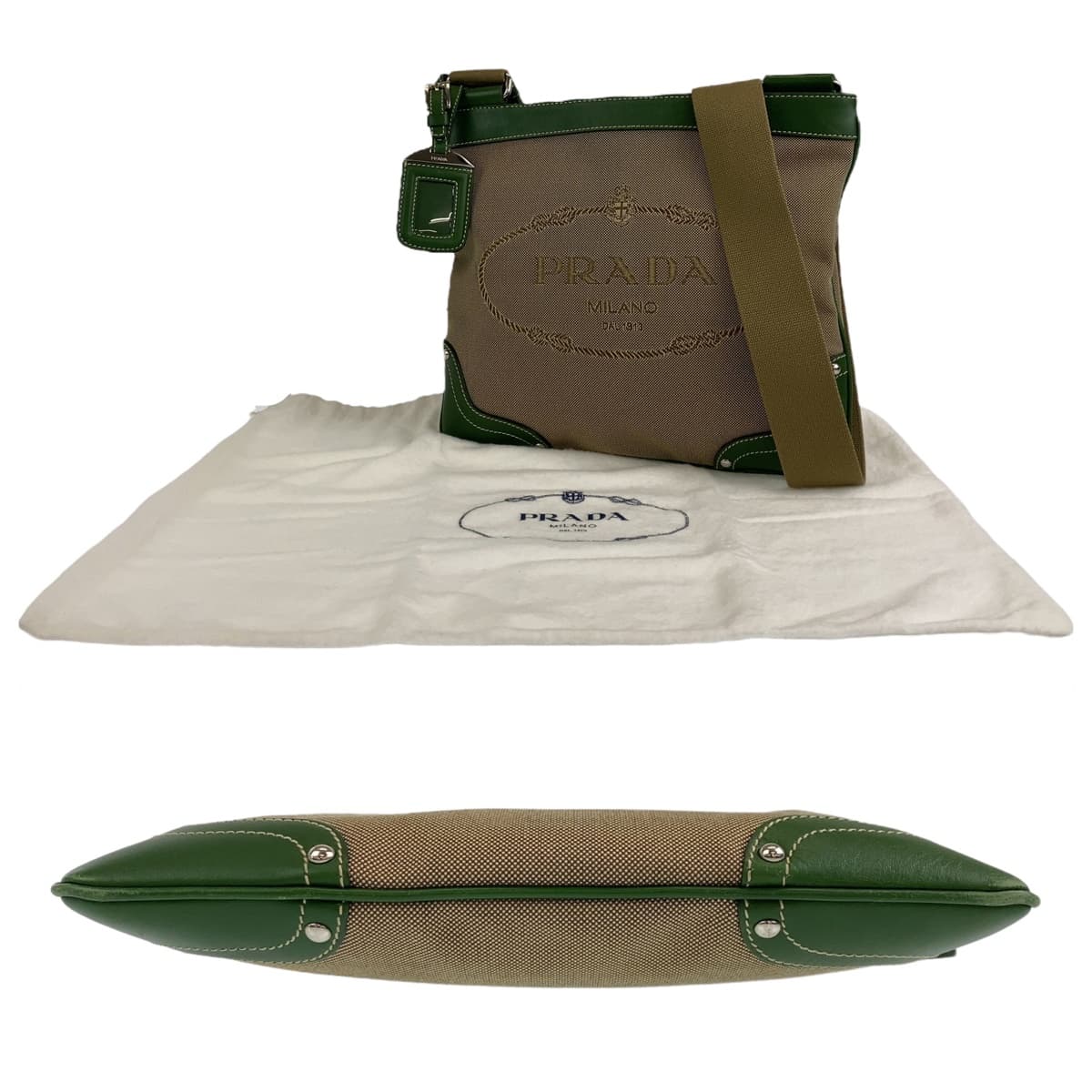10728
PRADA プラダ ロゴジャガード 男女兼用 ベージュ グリーン シルバー金具 キャンバス / レザー 斜め掛け ショルダーバッグ メッセンジャーバッグ メンズ