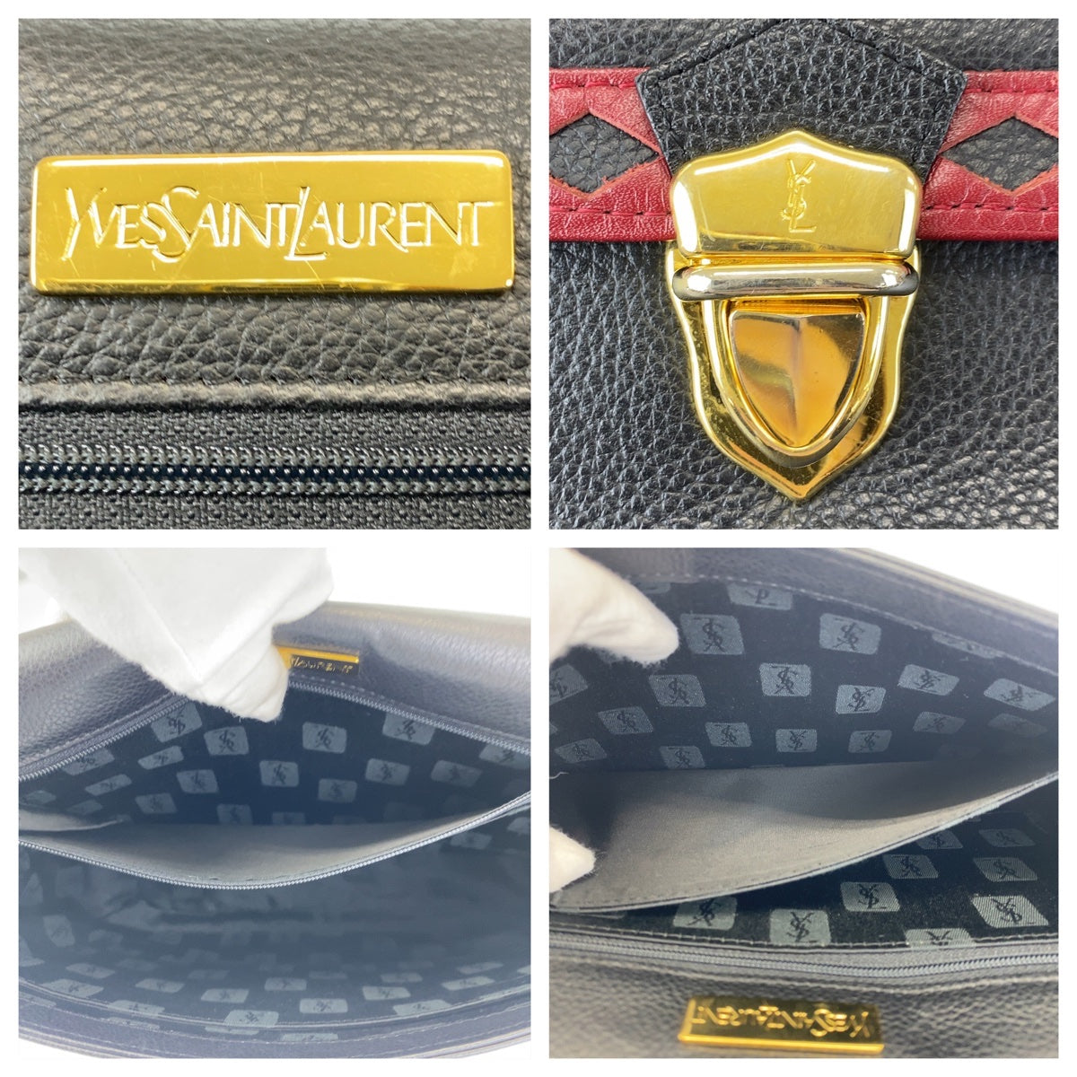 10765
YVES SAINT LAURENT イヴ サンローラン ヴィンテージ YSL ダイヤカット ブラック ゴールド金具 レザー 斜め掛け ショルダーバッグ ポシェット レディース ABP33