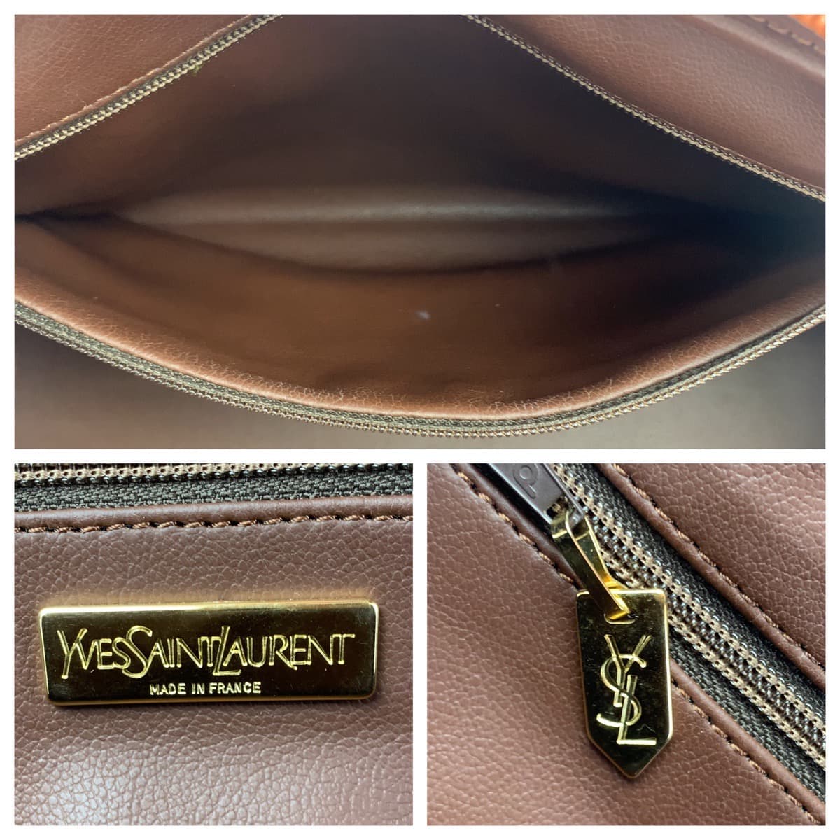 10766
YVES SAINT LAURENT イヴ サンローラン ヴィンテージ Yカットアウト YSL ブラウンゴールド金具 レザー ショルダーバック ハンドバッグ 2way レディース