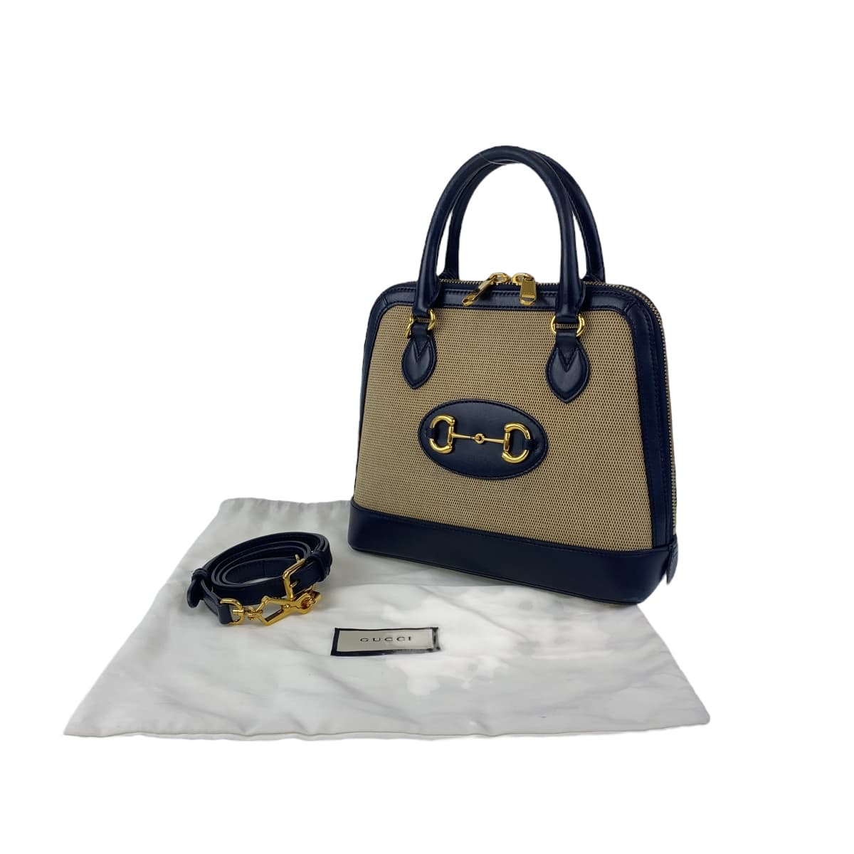 GUCCI グッチ ホースビット 1955 スモール トップハンドル ベージュ ネイビー ゴールド金具 キャンバス / レザー 621220 ショルダーバッグ ハンドバッグ 2WAY レディース