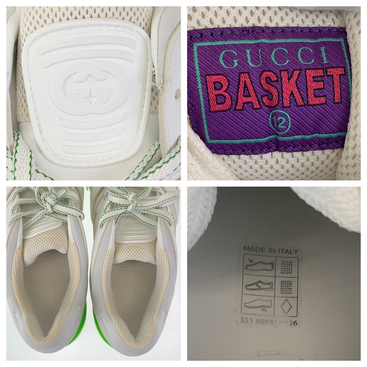 17962
GUCCI グッチ バスケット サイズ12 ホワイト 白 グリーン GGキャンバス / レザー スニーカー ローカット レースアップ メンズ ABP35