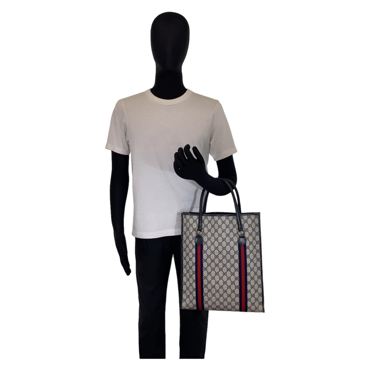 GUCCI グッチ ヴィンテージ オールドグッチ シェリーライン グレー ネイビー ゴールド金具 GGスプリームキャンバス / レザー トートバッグ ハンドバッグ メンズ