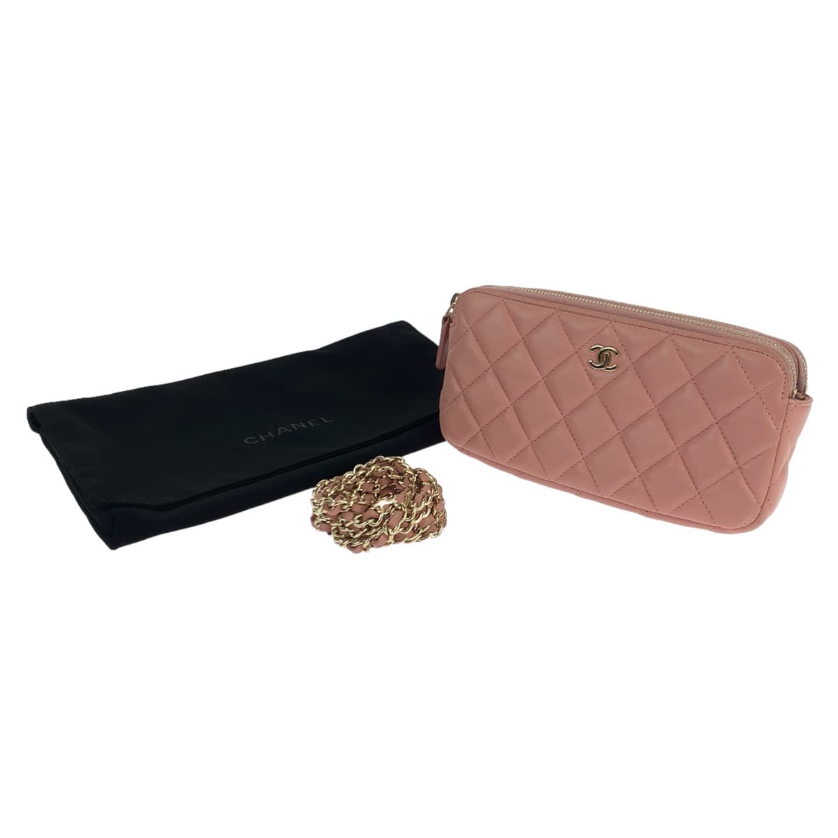 12497
CHANEL シャネル マトラッセ ココマーク ダブルファスナー ピンク ゴールド金具 ラムスキン A82527 チェーンウォレット ショルダーバッグ レディース
