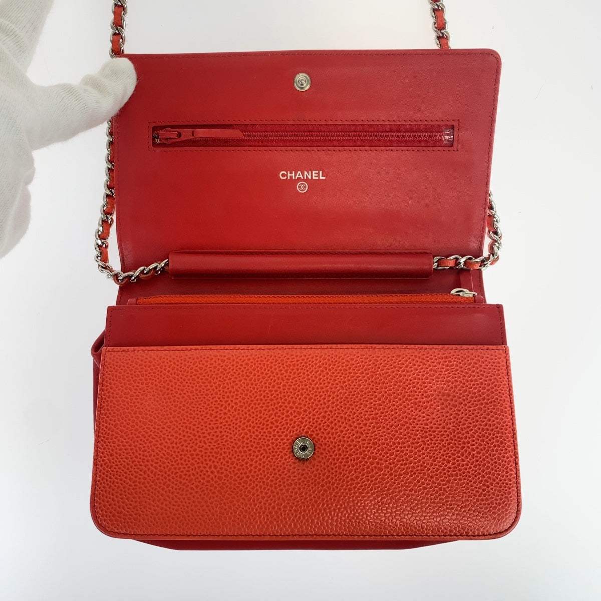 11045
CHANEL シャネル ココマーク オレンジ レッド 赤 シルバー金具 キャビアスキン ショルダーバッグ 斜め掛け レディース