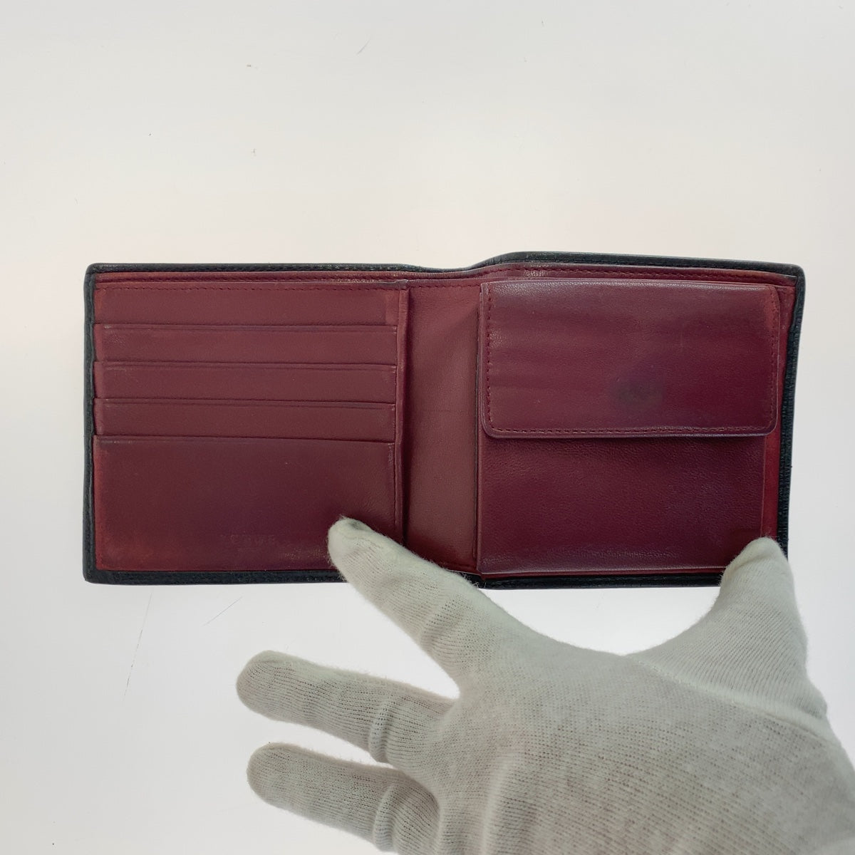 LOEWE ロエベ アナグラム ブラック 黒 ボルドー ワインレッド レザー 二つ折り財布 コンパクトウォレット メンズ