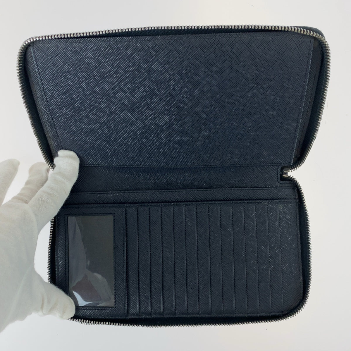 PRADA Prada Saffiano Navy Silver Hardware Leather Long Wallet Double Zip Round Zipper Organizer Men's