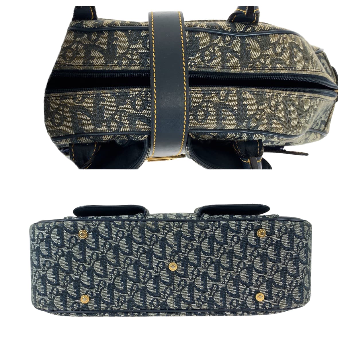 Dior ディオール トロッター サドルバッグ ネイビー 紺 グレー ゴールド金具 キャンバス / レザー MA 1001 ハンドバッグ トートバッグ レディース