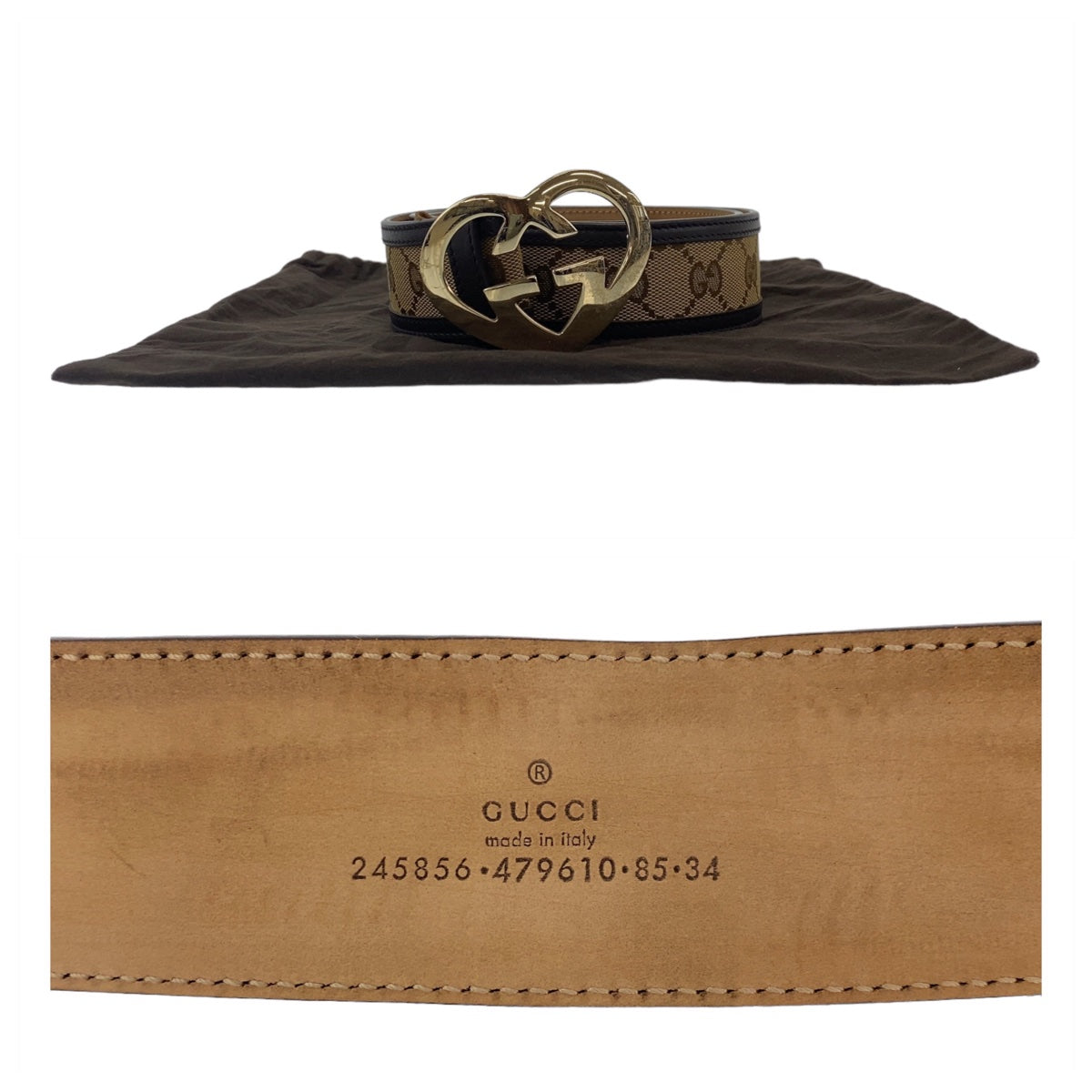 GUCCI グッチ ハートシェイプ 85cm/34インチ 男女兼用 ベージュ ブラウン ゴールド金具 GGキャンバス / レザー 245856 ベルト バッグルベルト レディース