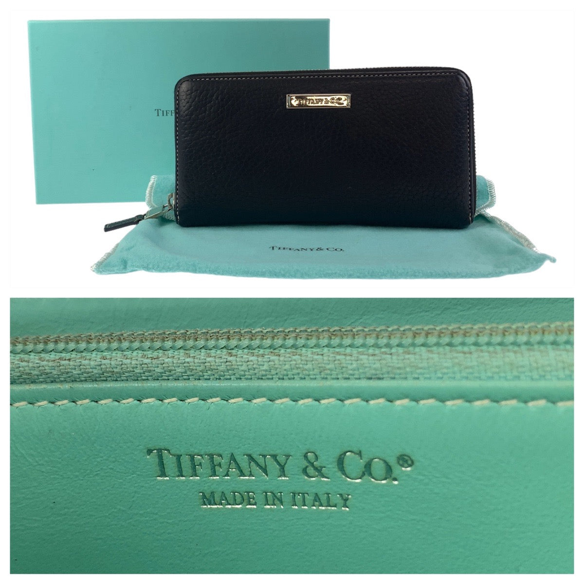 TIFFANY&Co. ティファニー ブラック 黒 ミントグリーン シルバー金具 レザー 長財布 ロングウォレット レディース