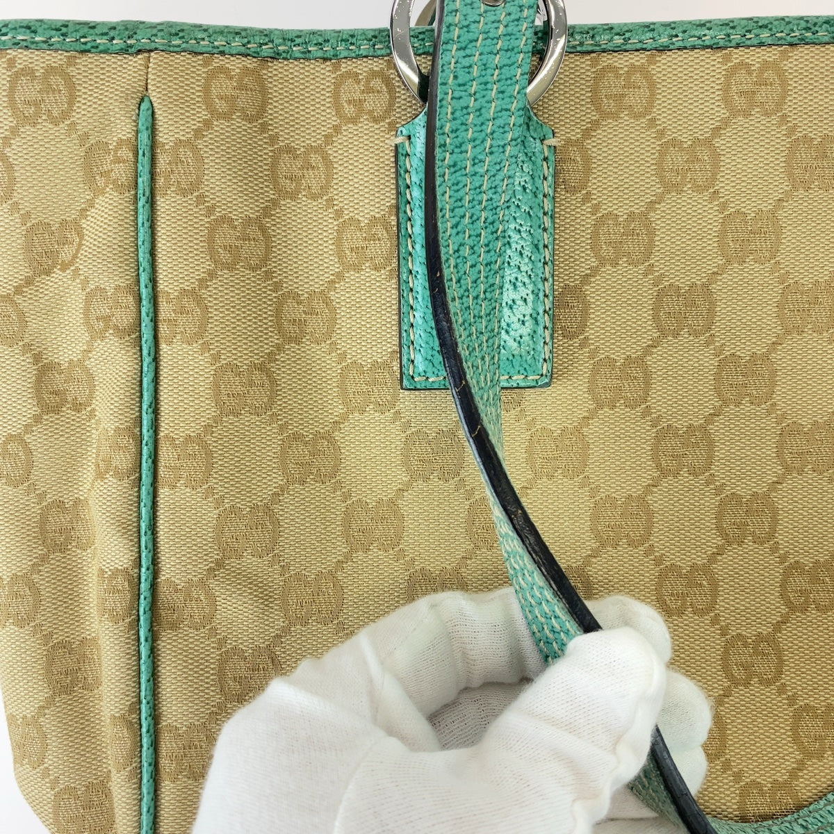 11377
GUCCI グッチ ベージュ グリーン シルバー金具 GGキャンバス / レザー 113019 トートバッグ ショルダーバッグ ハンドバッグ レディース