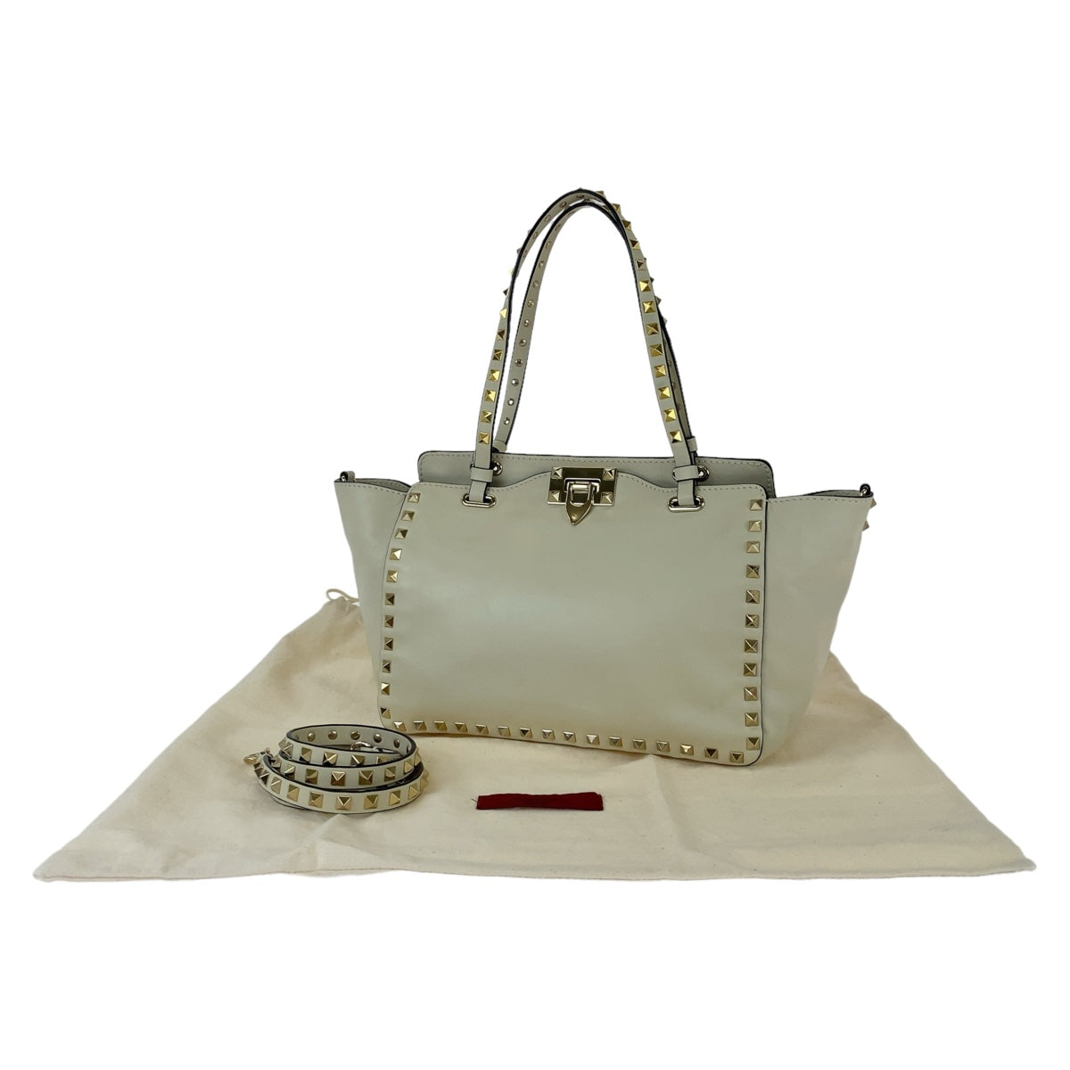 11392
VALENTINO ヴァレンティノ ロックスタッズ ホワイト ゴールド金具 レザー トートバッグ 斜め掛け ショルダーバッグ ハンドバッグ 2way レディース