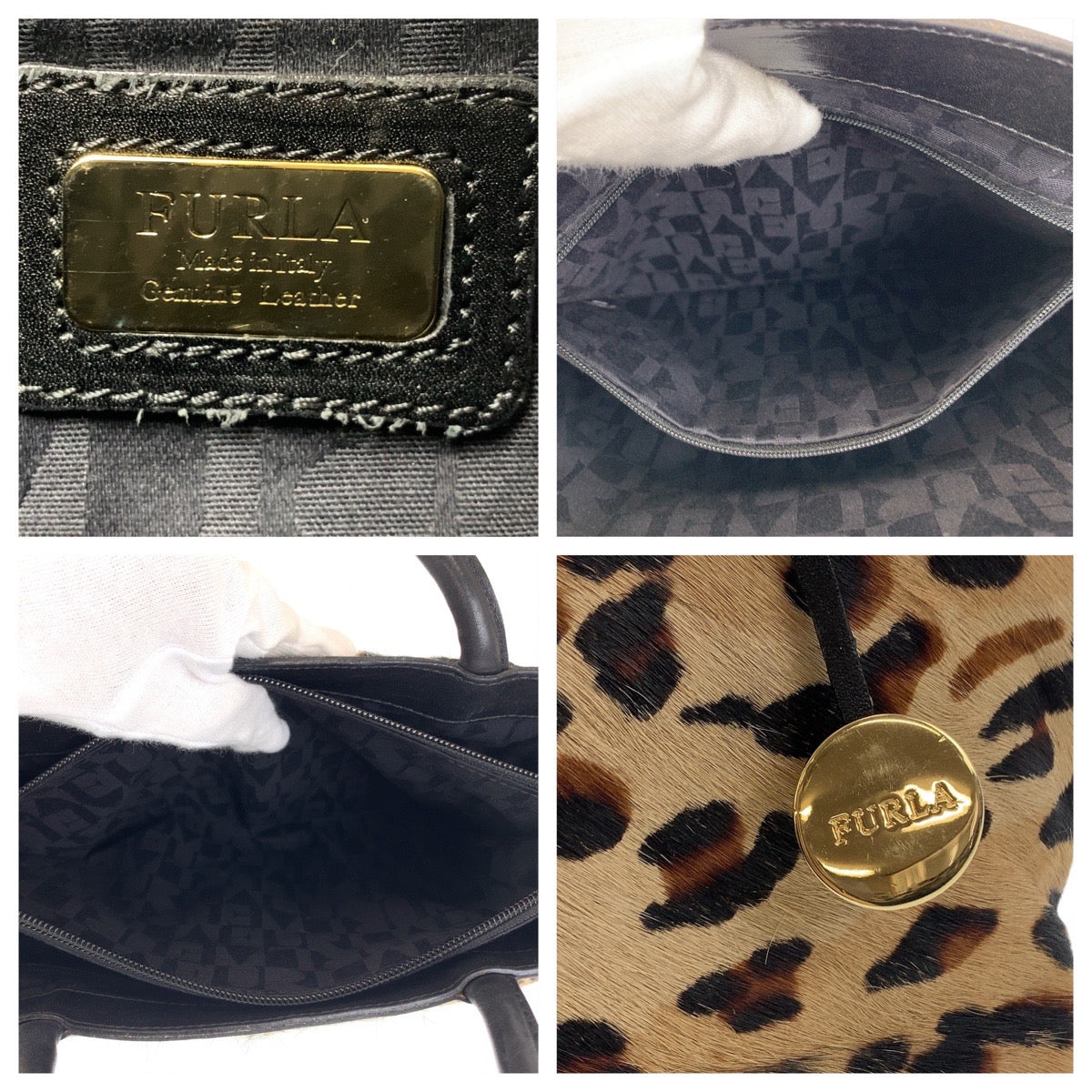 Furla フルラ レオパード ヒョウ柄 ブラウン ゴールド金具 ハラコ トートバッグ ハンドバッグ レディース