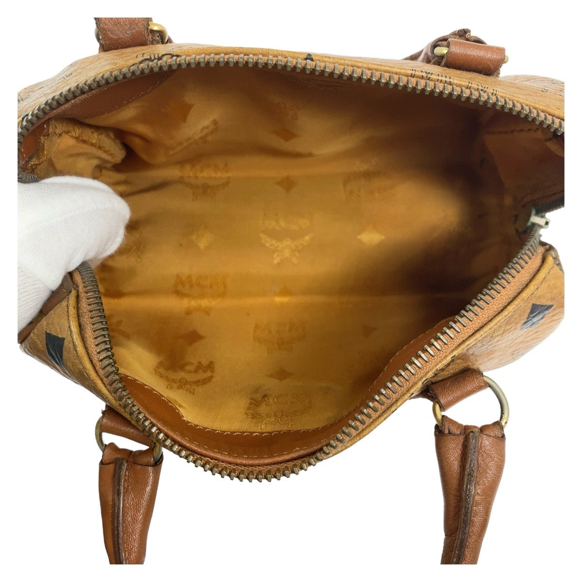 112407
MCM エム シー エム ヴィンテージ ロゴグラム コニャック ブラウン ゴールド金具 レザー ショルダーバッグ ミニボストンバッグ ハンドバッグ 2way レディース