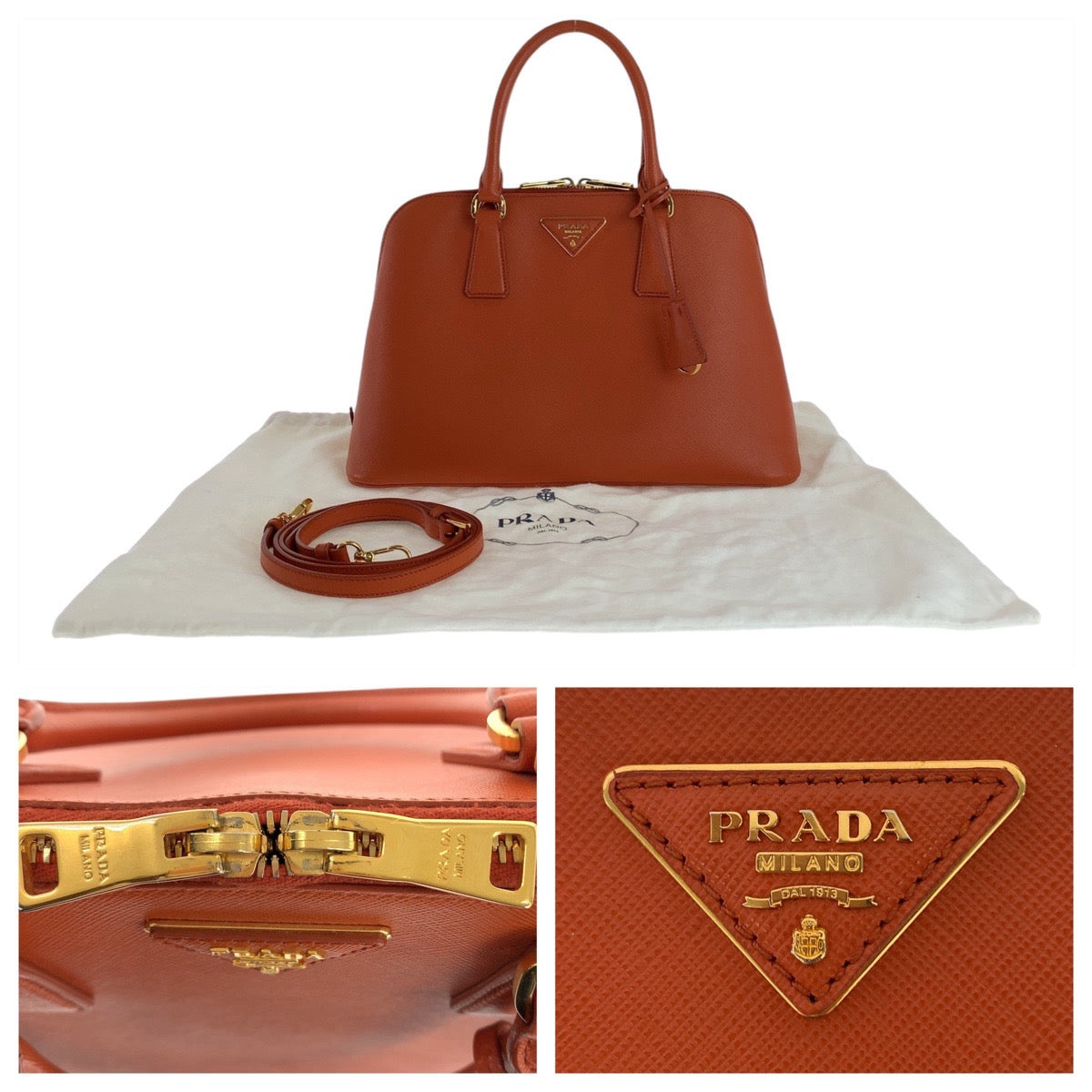 12363
PRADA プラダ サフィアーノ 三角ロゴプレート オレンジ ゴールド金具 レザー ハンドバッグ ショルダーバッグ 2way レディース