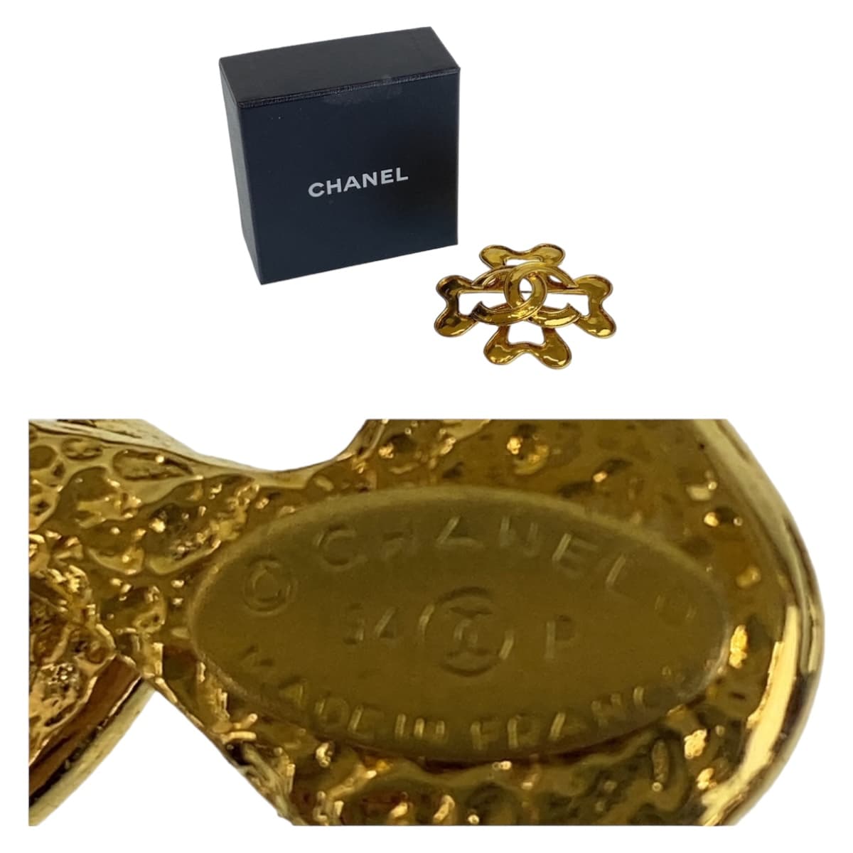 11770
CHANEL シャネル ヴィンテージ ココマーク クローバーモチーフ コメ有り ゴールド メタル ブローチ 94P刻印 レディース
