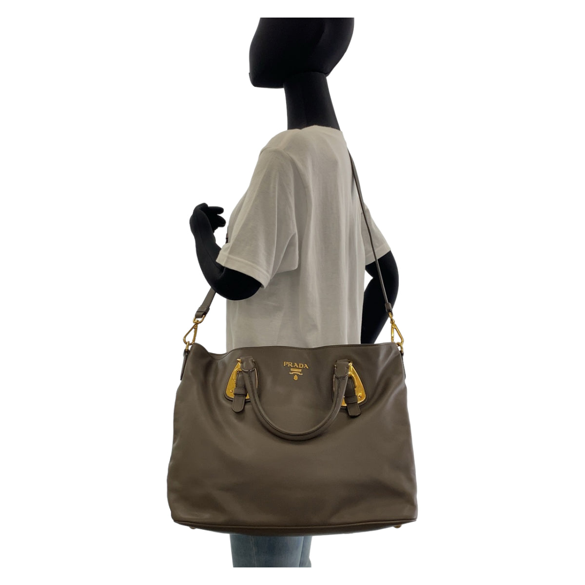 12268
PRADA プラダ グレー グレージュ ゴールド金具 レザー トートバッグ ショルダーバッグ レディース