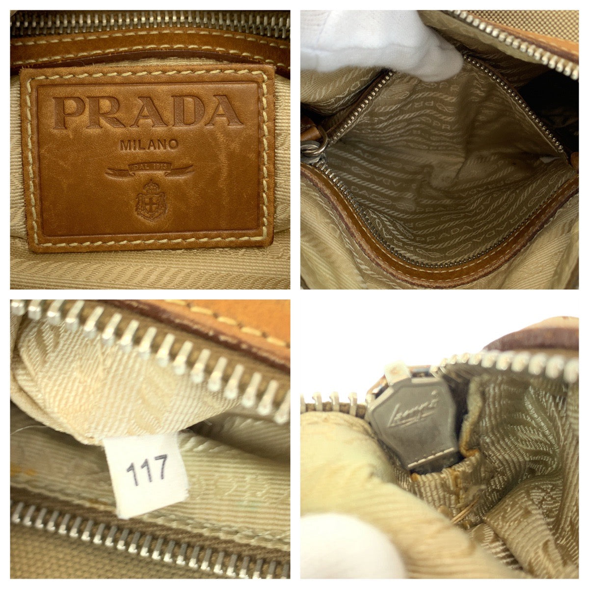12249
PRADA プラダ ロゴジャガード ベージュ ブラウン シルバー金具 キャンバス / レザー 斜め掛け ショルダーバッグ メッセンジャーバッグ レディース