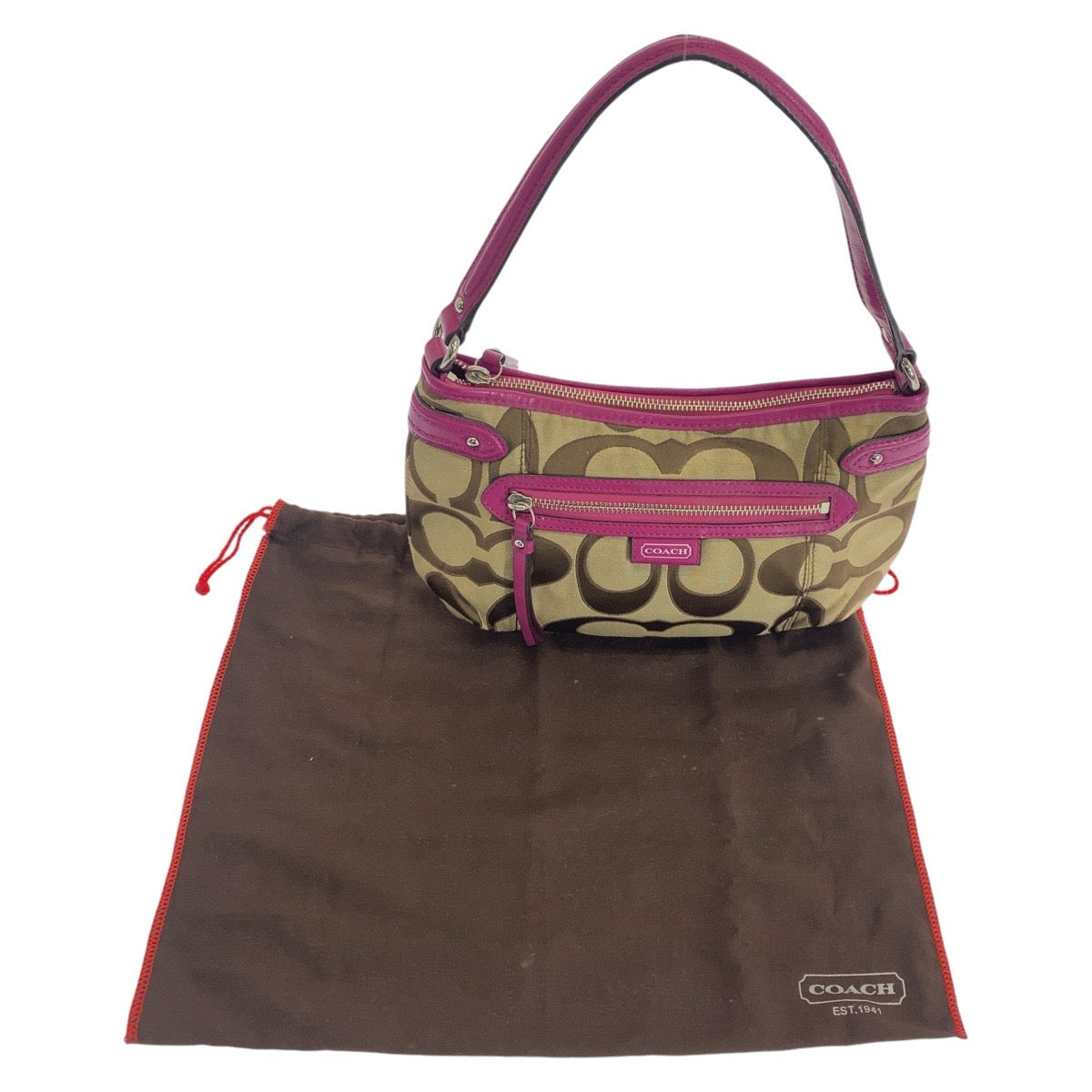 12171
COACH コーチ シグネチャー ブラウン ピンク シルバー金具 キャンバス / レザー ホーボー ショルダーバッグ レディース