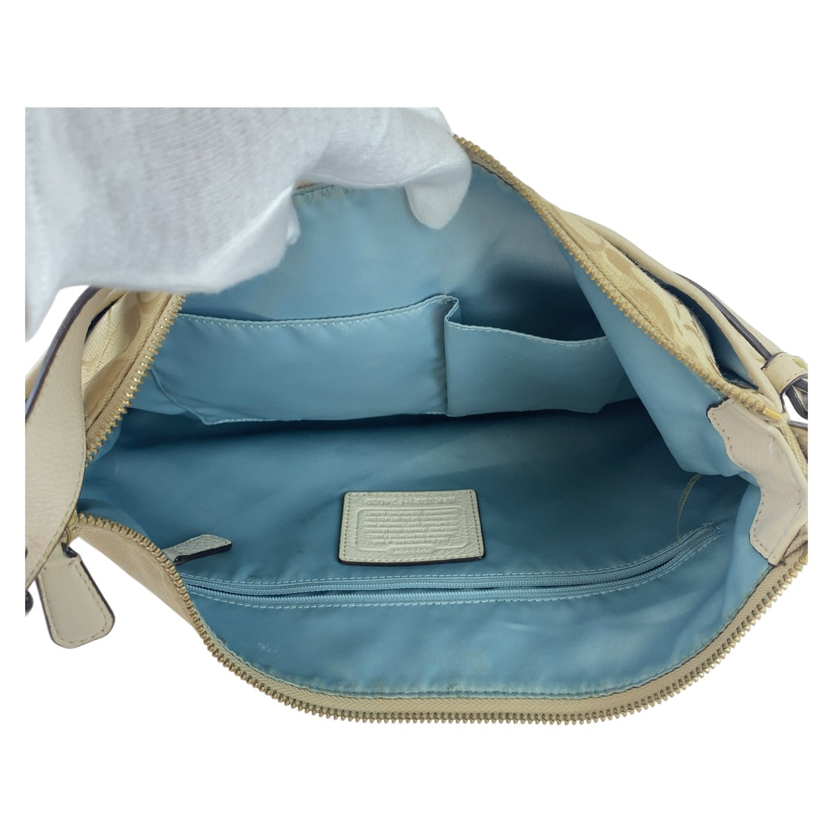 12148
COACH コーチ シグネチャー ベージュ ライトブルー ゴールド金具 キャンバス / レザー ホーボー ショルダーバッグ 斜め掛け可能 レディース ABP5