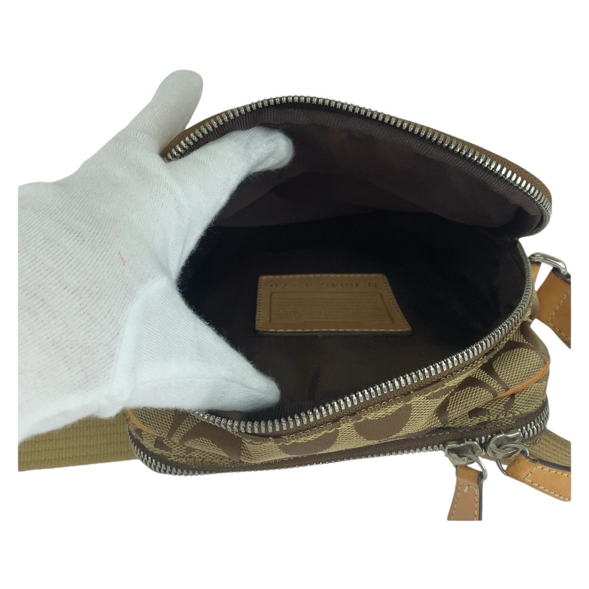 12918
COACH コーチ シグネチャー ブラウン ベージュ シルバー金具 キャンバス / レザー ショルダーバッグ ポシェット レディース AB5