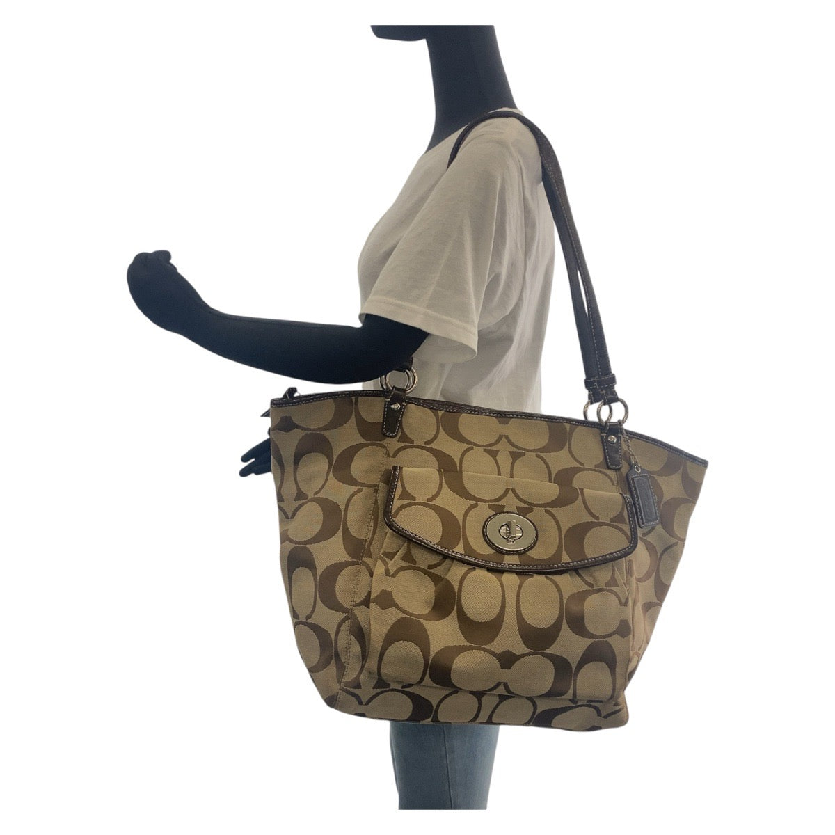 12086
COACH コーチ シグネチャー ブラウン ベージュ シルバー金具 キャンバス / レザー トートバッグ ショルダーバッグ レディース AB5