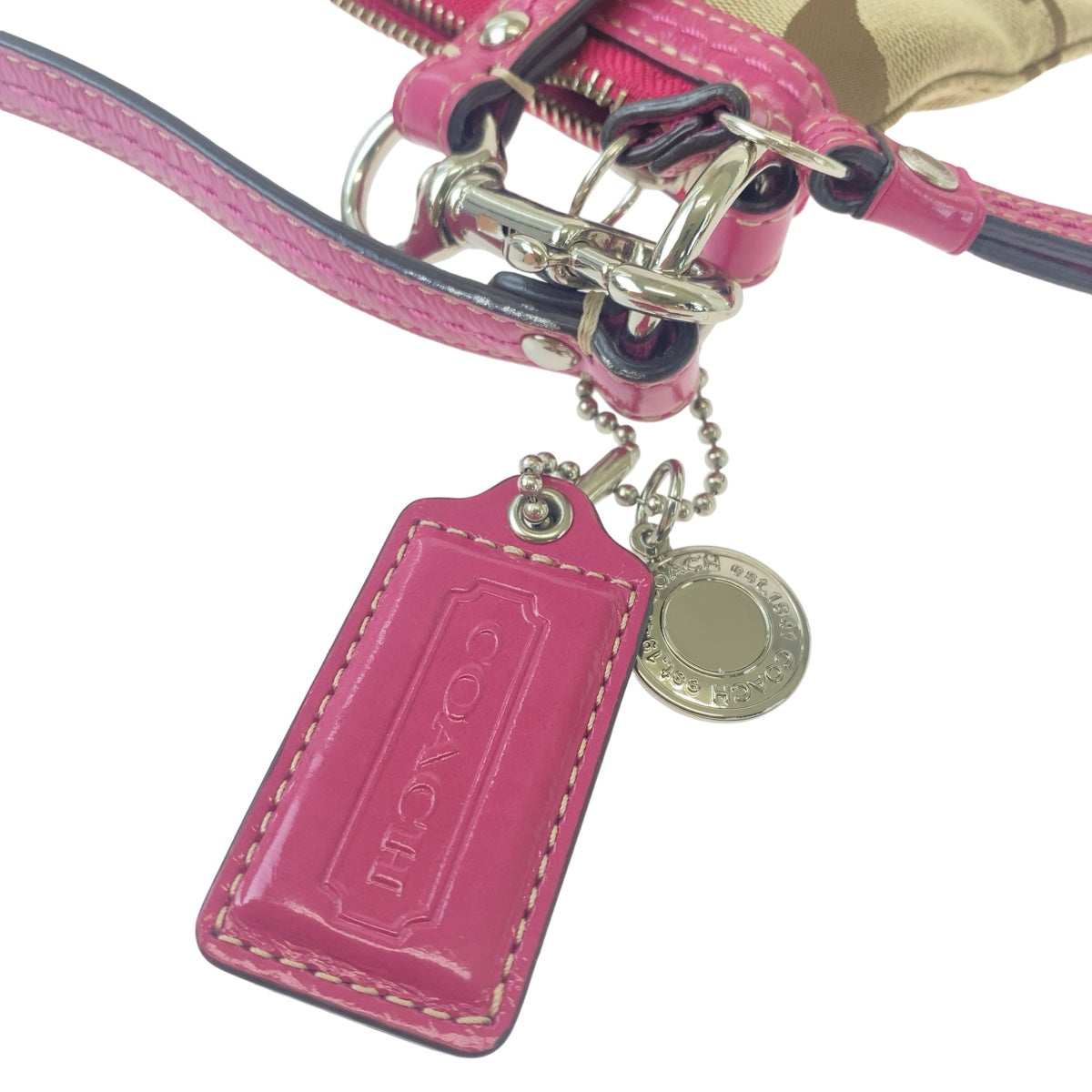 11988
COACH コーチ シグネチャー ピンク ベージュ シルバー金具 キャンバス / レザー 斜め掛け ショルダーバッグ ポシェット レディース